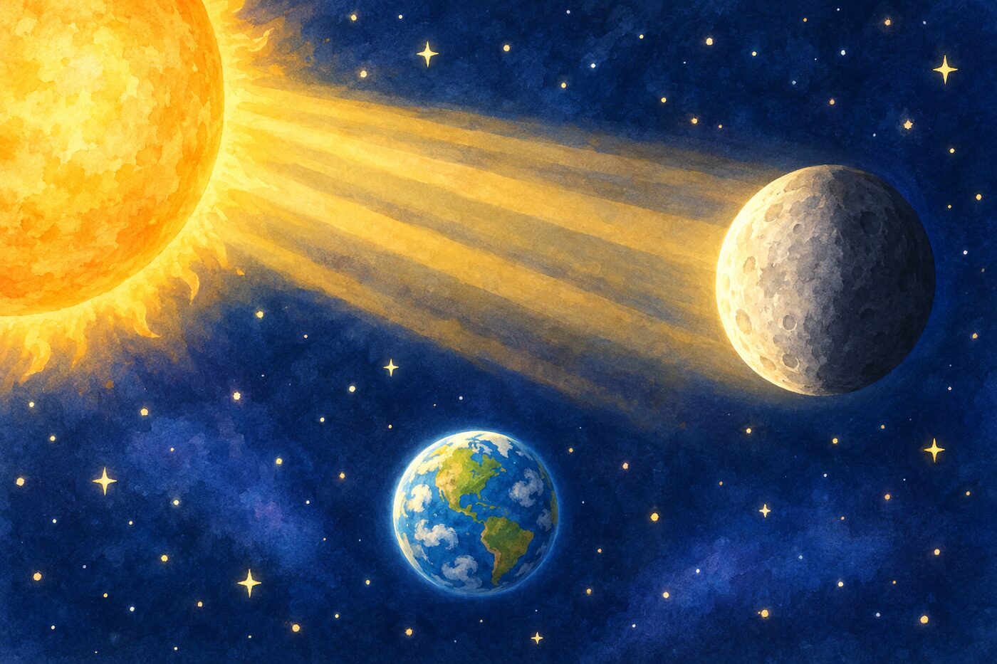 Storybook picture: the Sun shining light onto the Moon